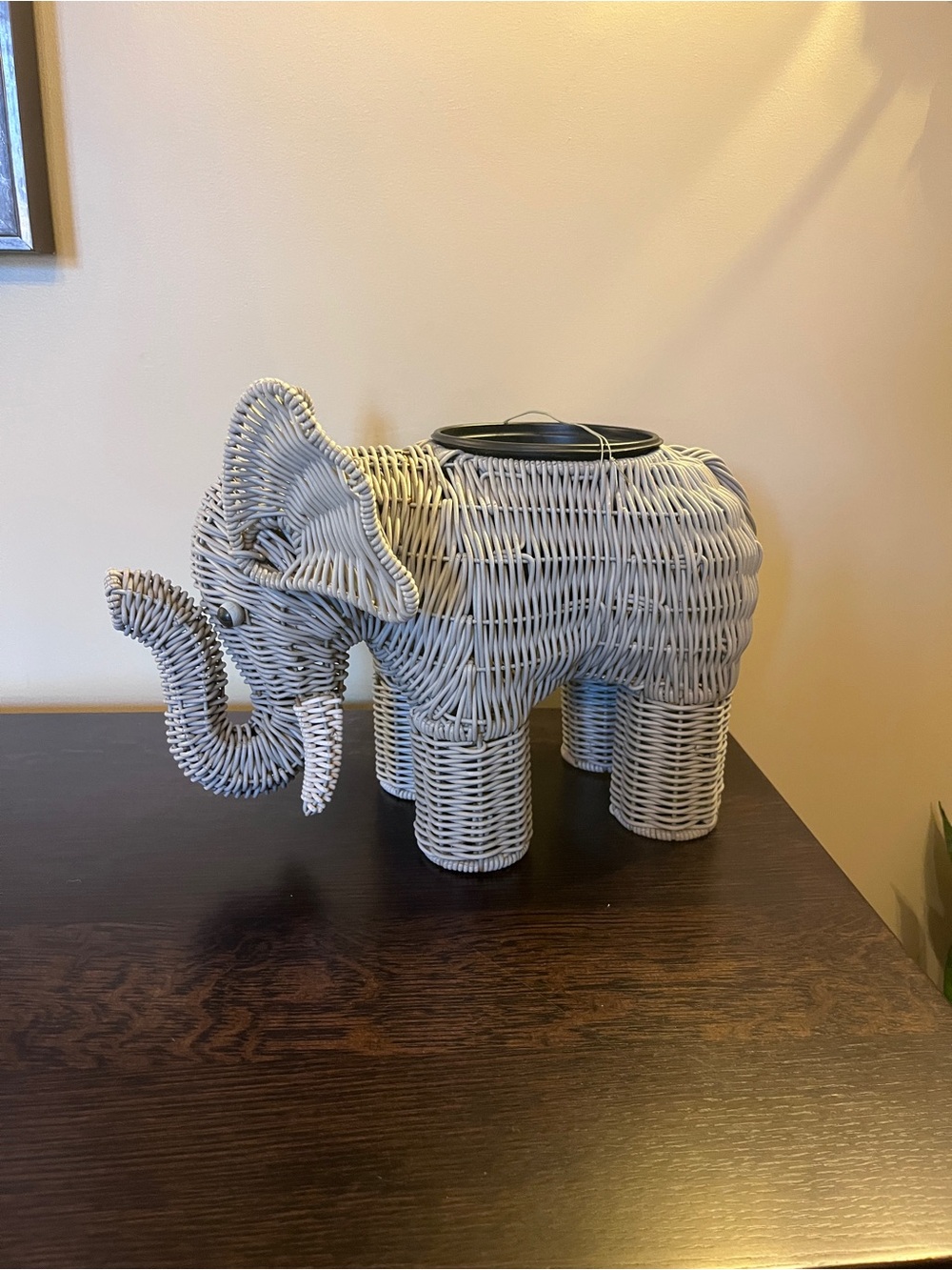 Vintage Large Boho Gray Wicker Style Elephant Planter Plant Pot